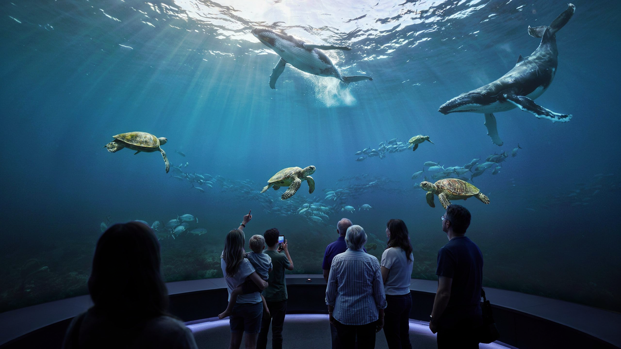 Public immergé dans un dôme immersif projetant un univers océanique avec baleines et tortues